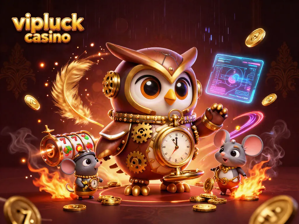 Experience the thrill of vipluck casino with a dynamic 3D illustration showcasing characters, slot reels, and vibrant visuals.