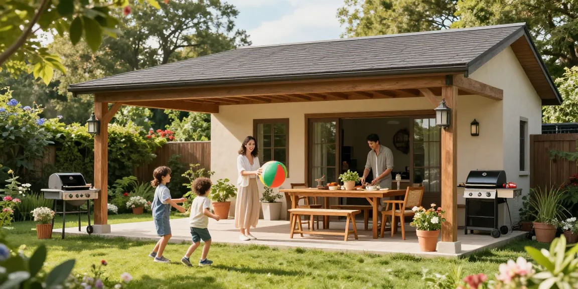 Freistehende Terrassenüberdachung in einem einladenden Garten mit Familie, die im Freien spielt und isst