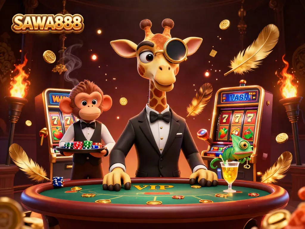 Experience thrilling gaming action with SAWA888 in a vibrant casino scene featuring animated characters and rich visuals.
