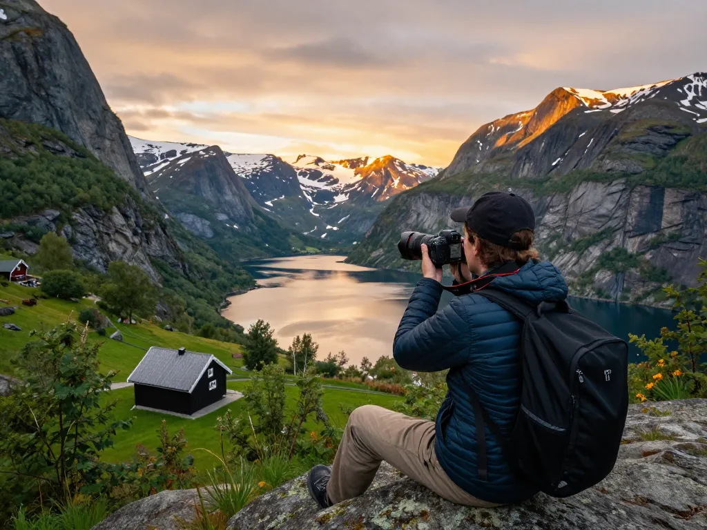 Skandinavien Reisetipps: Reisender, der atemberaubende Fjordblicke in Norwegen während des Sonnenuntergangs festhält.
