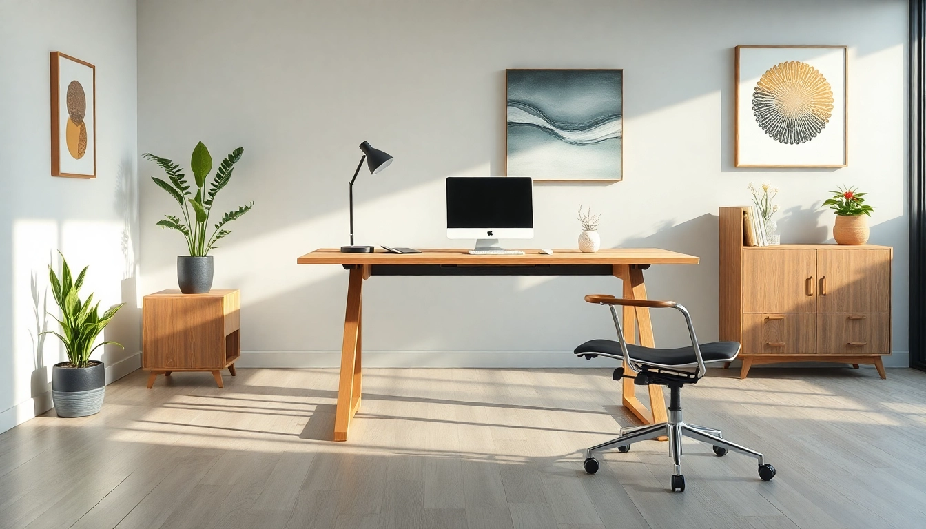 Büromöbel im modernen Büro-Setting: Ein höhenverstellbarer Schreibtisch und ergonomischer Stuhl mit Pflanzen und Wandkunst.