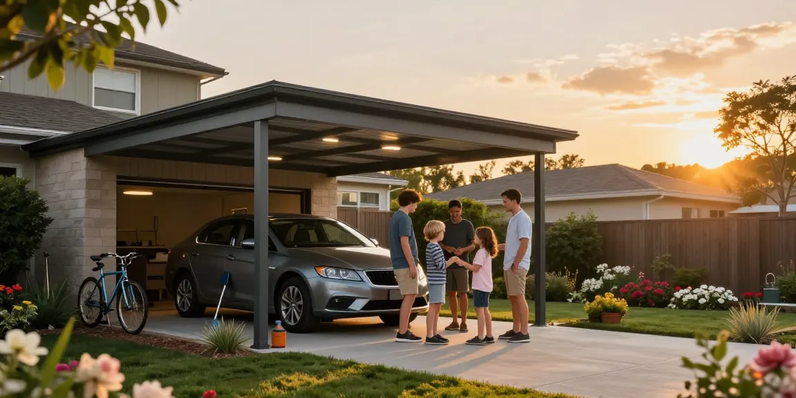 Moderne Carport-Szene mit Familie im Garten, die unter dem Carport interagiert.