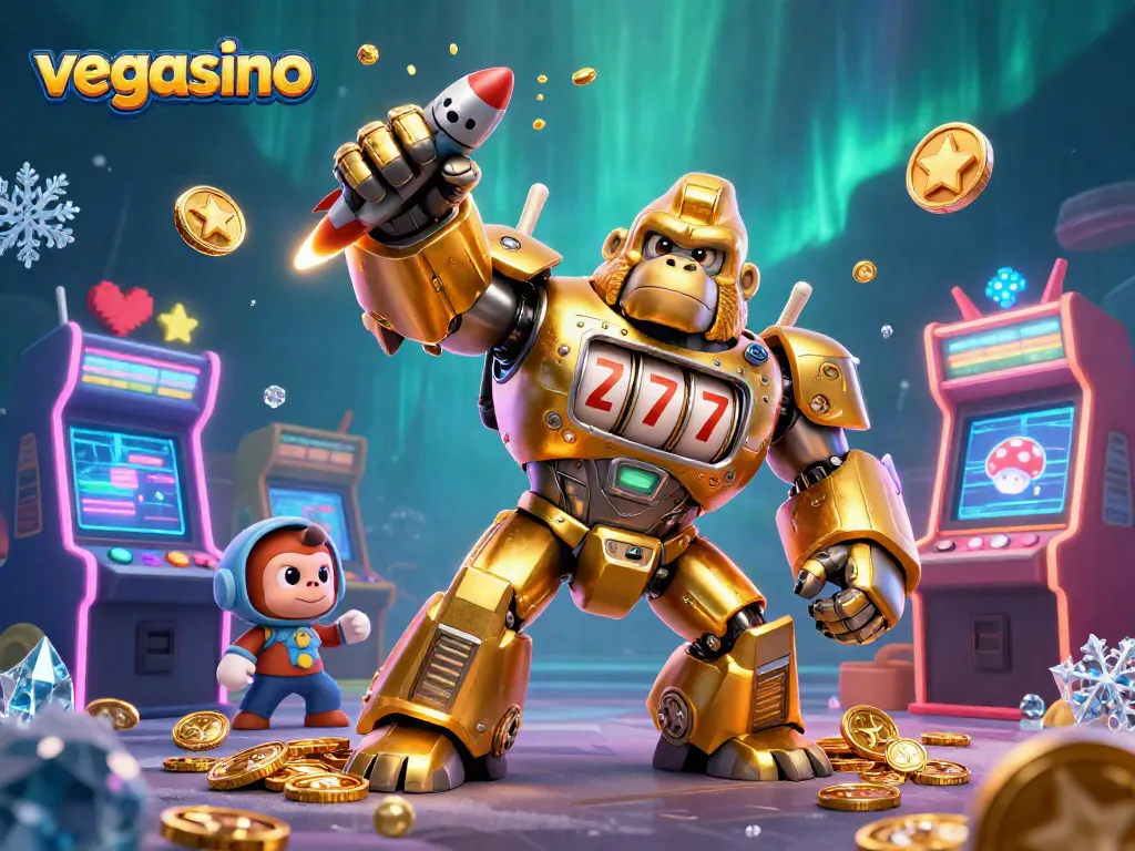 Experience exciting gameplay at vegasino with a golden gorilla mech and vibrant casino elements.
