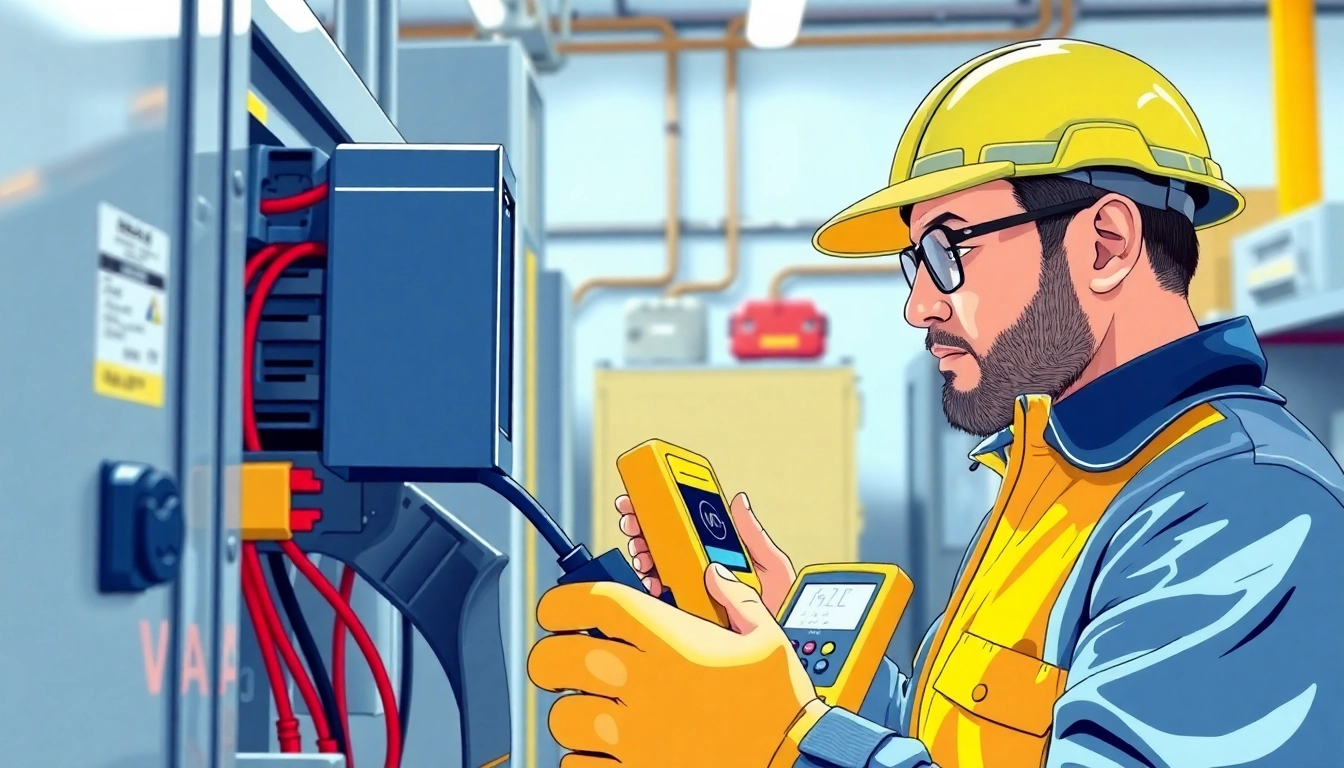 Electrician performing a DGUV V3 Prüfung on electrical devices with specialized testing equipment.