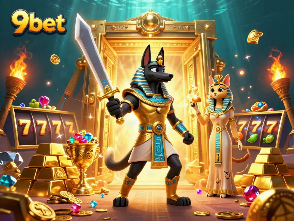 Experience the thrill of 9bet with Anubis and Bastet surrounded by glittering slot games and treasures.