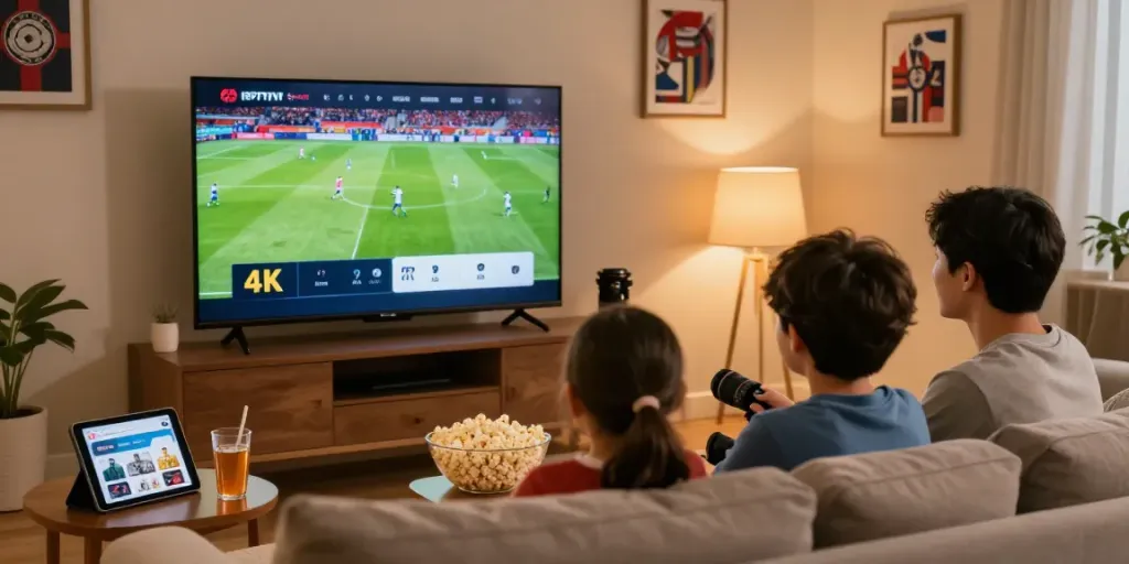 Family enjoying IPTV Abo with 4K football match in cozy living room