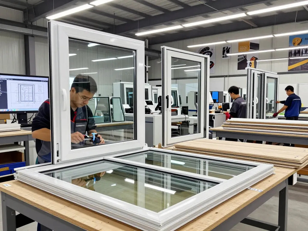 Qualifizierte Handwerker bei der Arbeit, die Fensterbau-Fenster in einer hellen Werkstatt montieren.