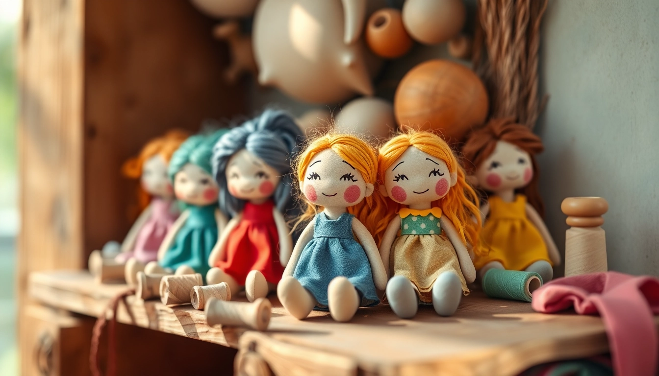 Handgefertigte Gutdolls auf einem rustikalen Regalshelf, die Kreativität verkörpern.