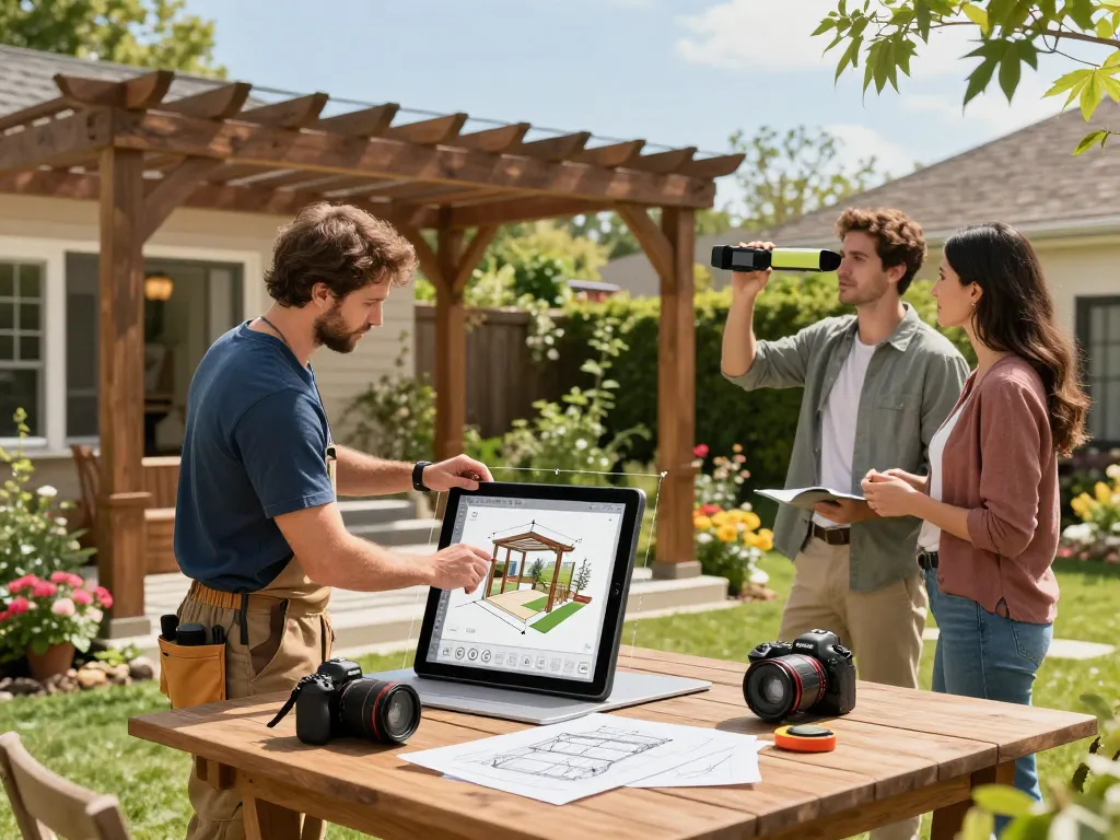 Professionelle Software für Pergola-Installateure zeigt 3D-Designs und Augmented Reality in einem wunderschönen Gartenbereich.