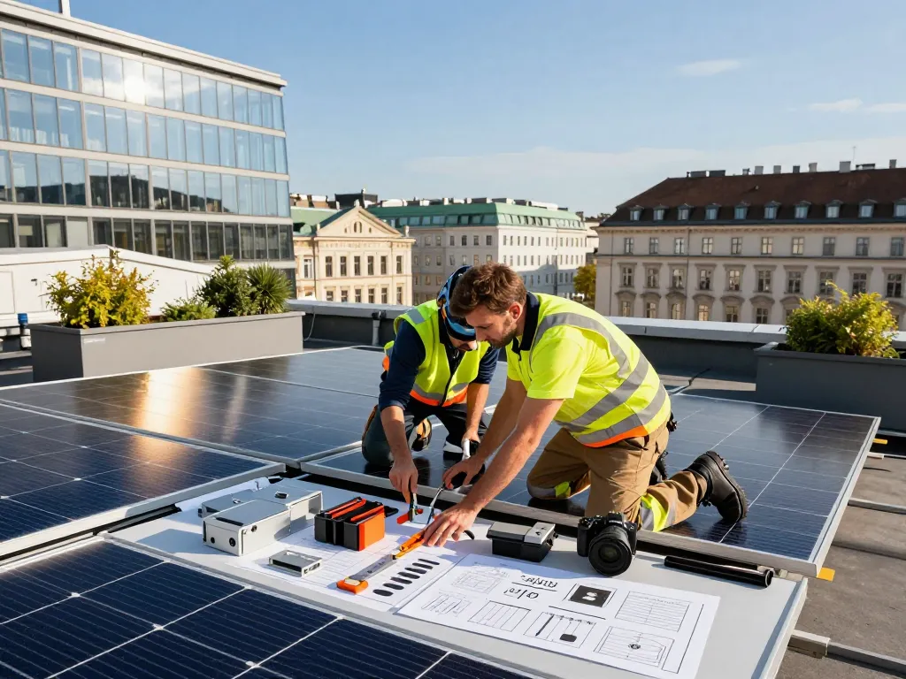 Installation eines Photovoltaik Wien Systems auf einem Stadtgebäude, das nachhaltige Energie zeigt.