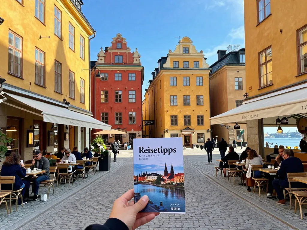 Reisetipps Stockholm: Reisender genießt die bunten Straßen von Gamla Stan mit historischen Gebäuden und Caféterrassen.