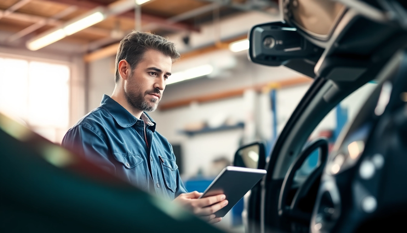 Kfz Gutachter Augsburg prüft Fahrzeugdetails in einer hellen Garage mit Tablet.