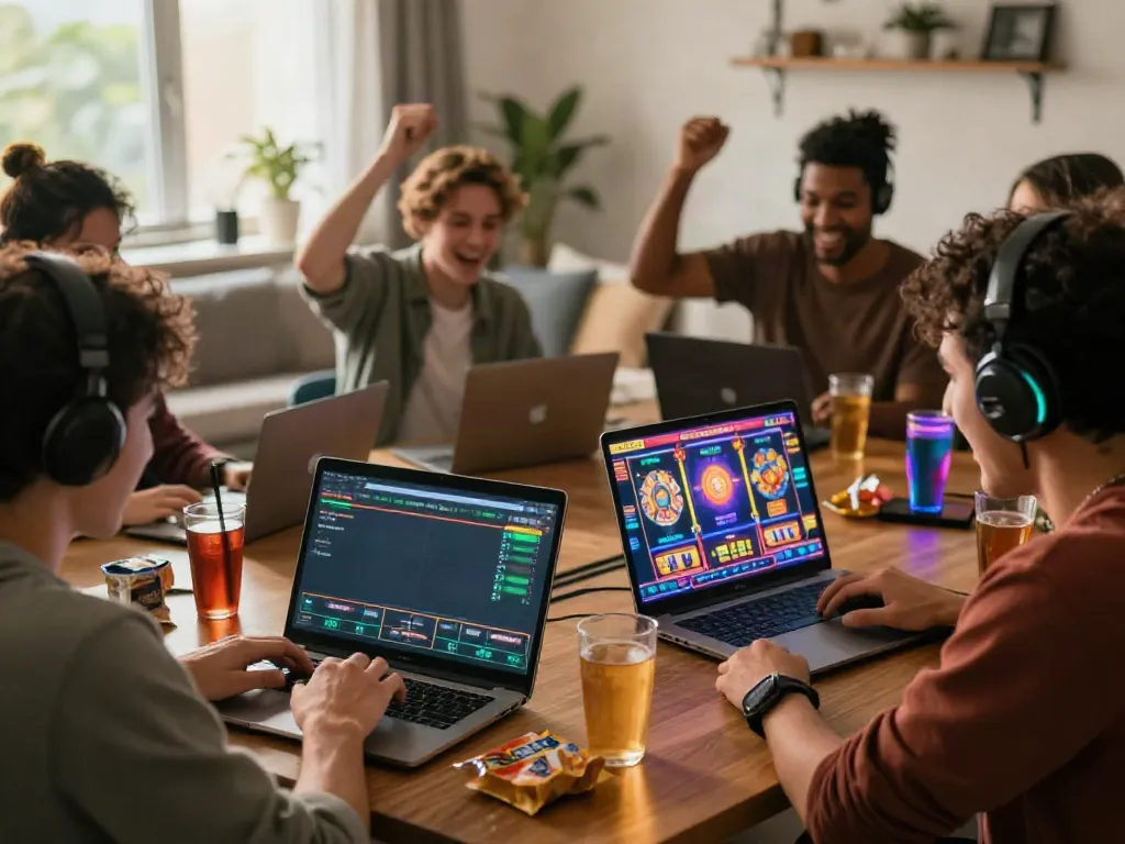 Group of friends enjoying online gaming at https://uk88.ad/ with vibrant screens and snacks in a cozy atmosphere.