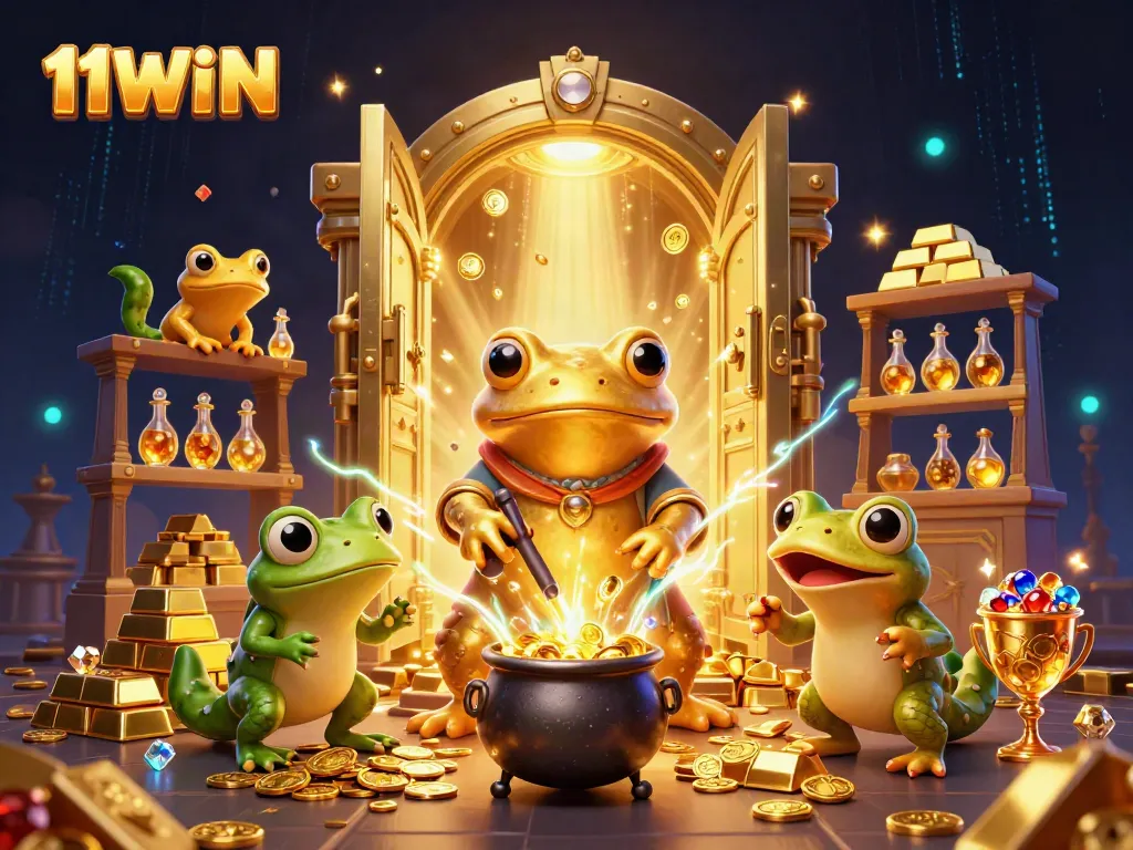 Experience thrilling gaming adventures with 11WIN's unique 3D casino illustration showcasing gold elements.