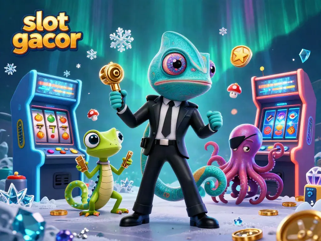 Experience the excitement of slot gacor with animated characters amidst vibrant casino game elements.