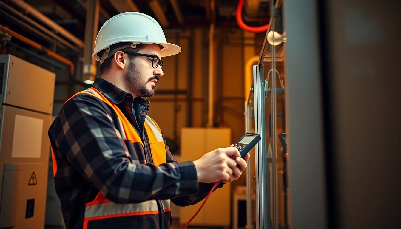 Electrician performing a DGUV V3 Prüfung, ensuring electrical safety with professional equipment.