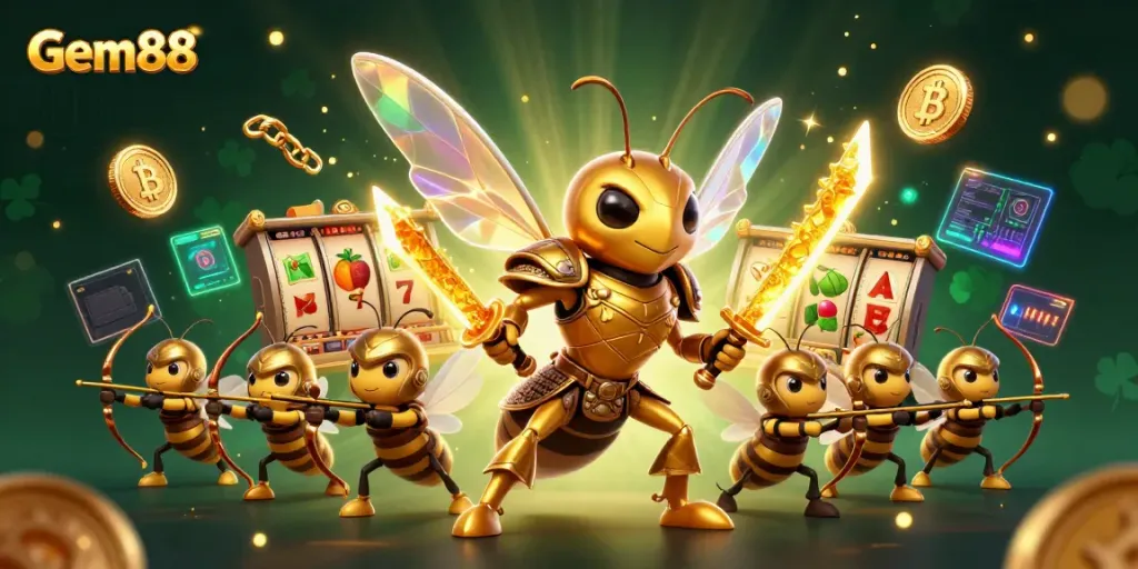 Engage with Gem88's thrilling slot adventure featuring a golden hornet and vibrant casino elements.