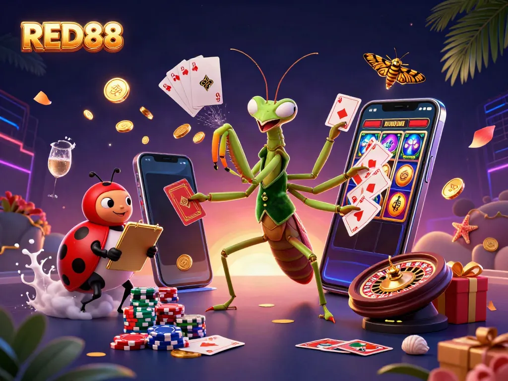 Experience the excitement of RED88 with dynamic gaming elements and enchanting characters in a vivid casino scene.