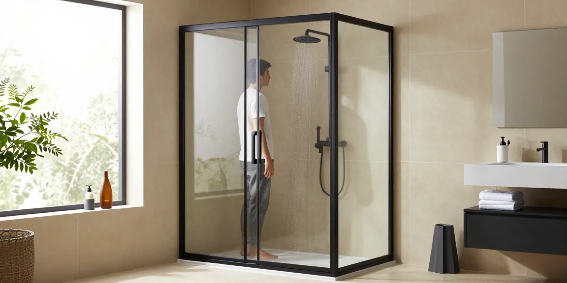 Prachtige moderne badkamer met een stijlvolle zwarte douchecabine met schuifdeuren, die de douchecabine schuifdeur zwart toont in een serene omgeving.