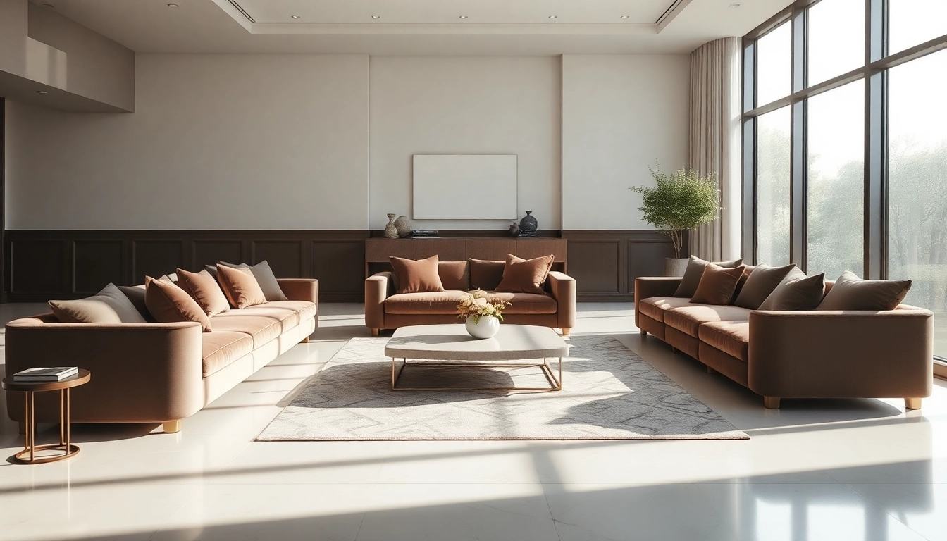Luxury living room with plush velvet furniture and elegant gold accents.