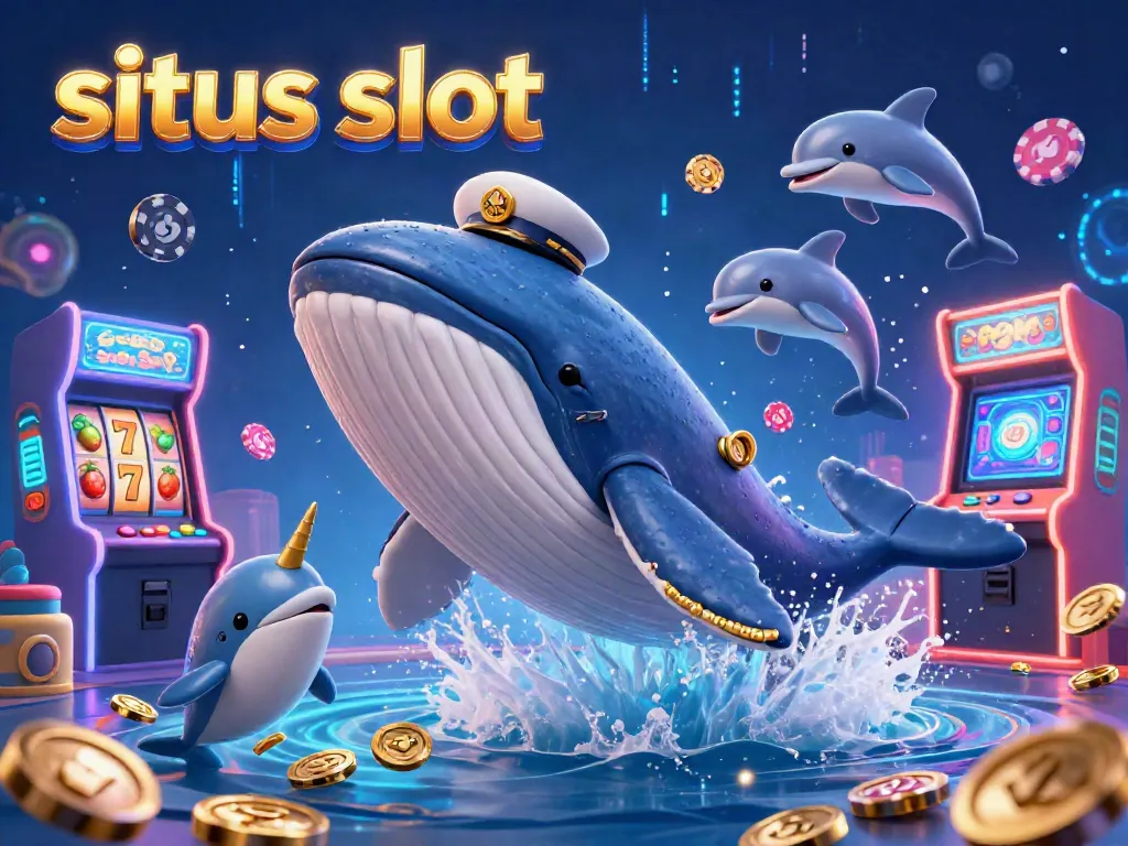 Situs slot illustration showcasing a cartoon whale and narwhal amidst coins and casino elements.