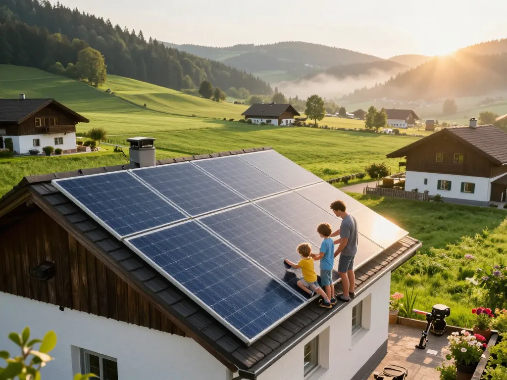 Familie erkundet eine solarphotovoltaische Anlage in Bayern und hebt die Vorteile von Photovoltaik Bayern hervor.
