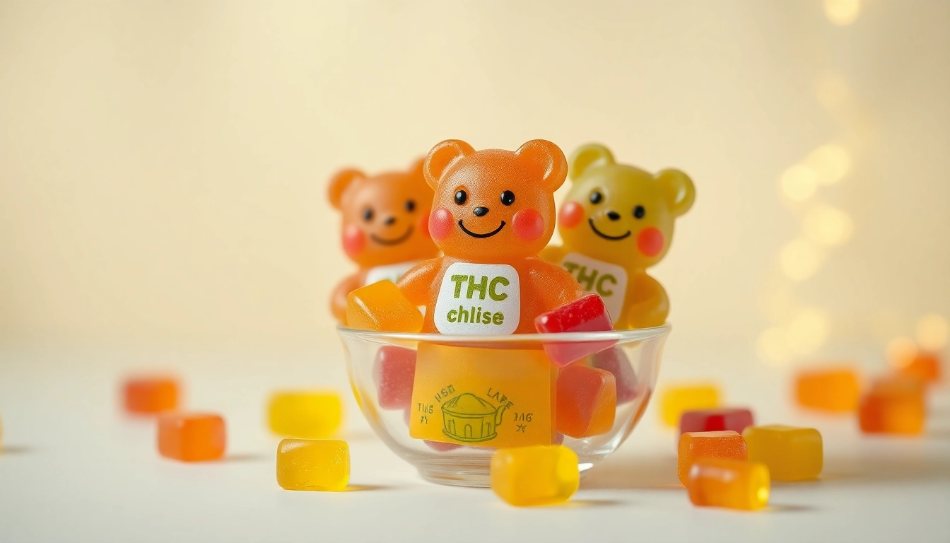 Genießen Sie die bunten THC Gummibären, die in einer eleganten Schüssel serviert werden.