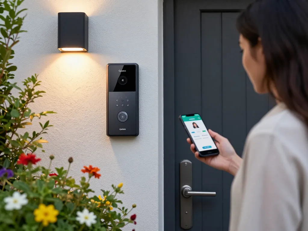 Goliath Türsprechanlage, die an einer stilvollen Eingangstür montiert ist und Sicherheit im Haus gewährleistet, während ein Besucher die Intercom-App nutzt.