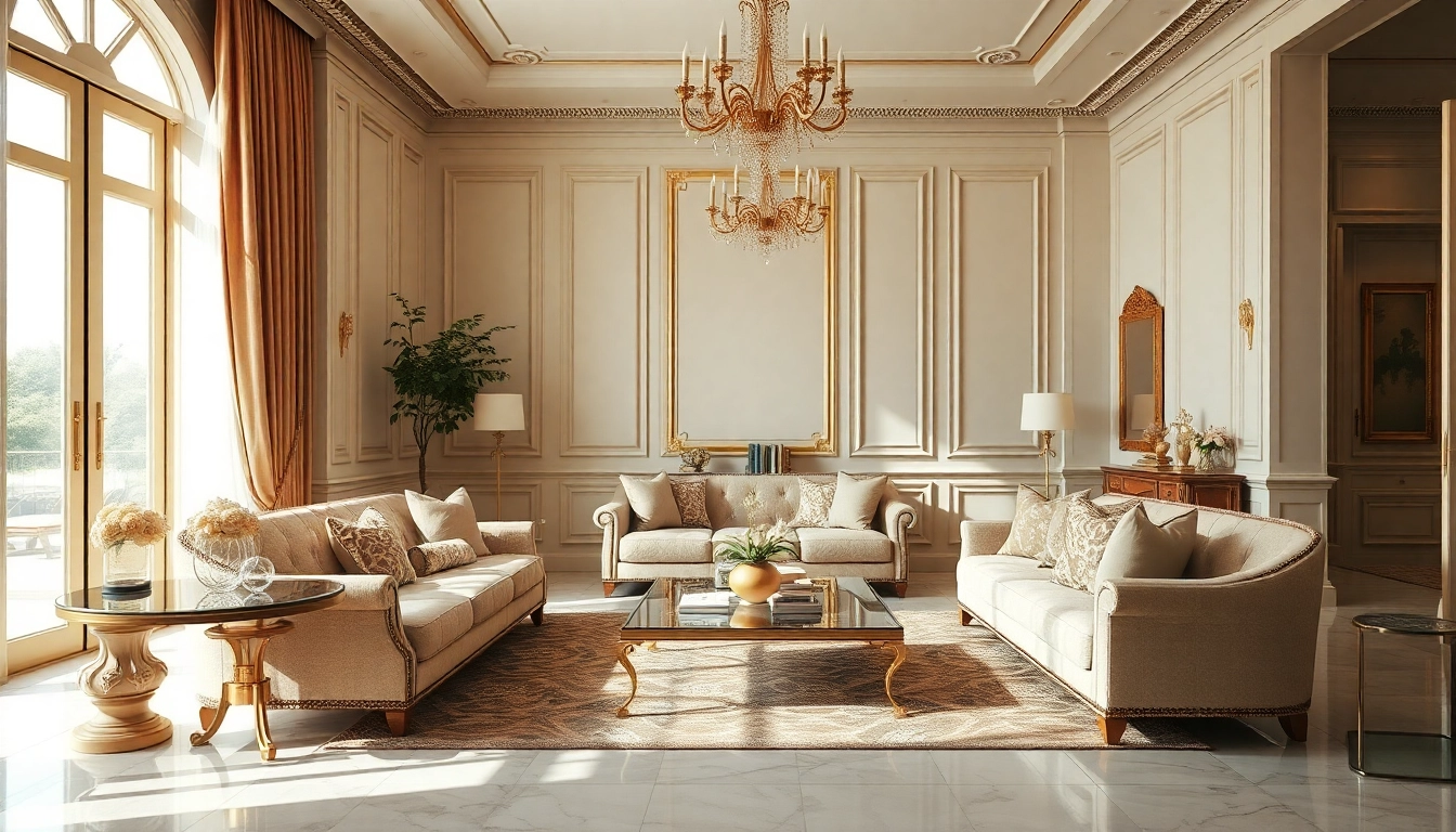 Luxury living room featuring elegant furniture and soft lighting for a serene atmosphere.