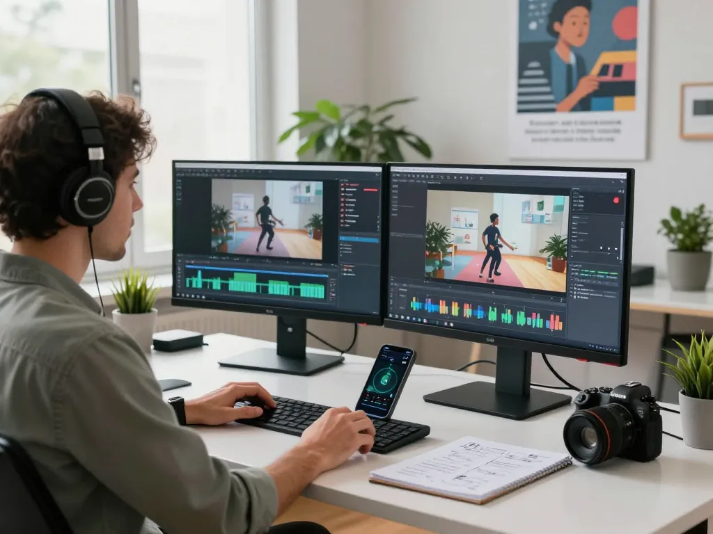 A video creator using motion control AI in a modern tech workspace, showcasing animated visuals and technology.