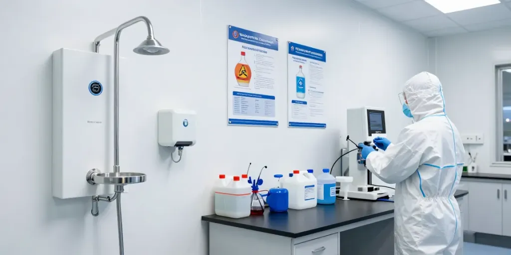 Notdusche für Chemiebetrieb in a modern lab with safety equipment.