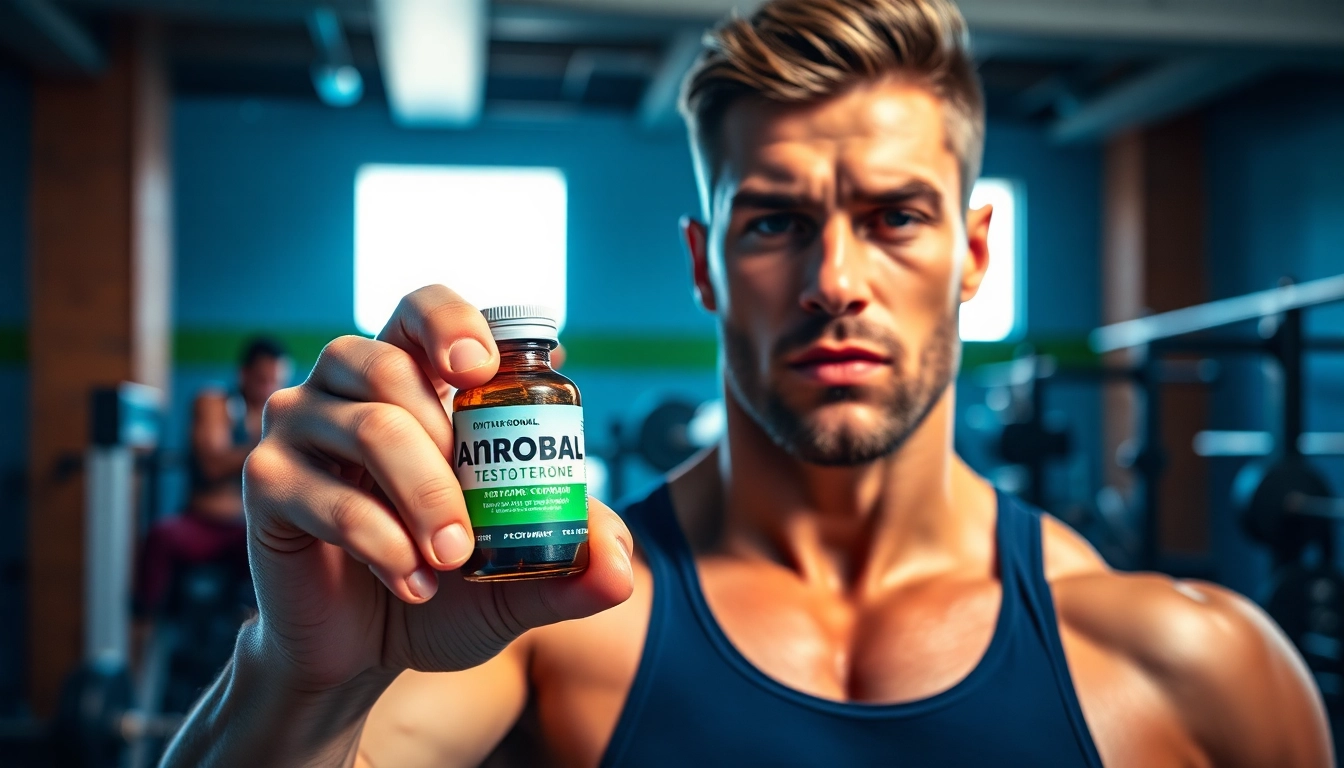 Starkes Porträt eines Athleten mit Androbal Testosterone Compound im Fitnessbereich, das Leistungssteigerung symbolisiert.