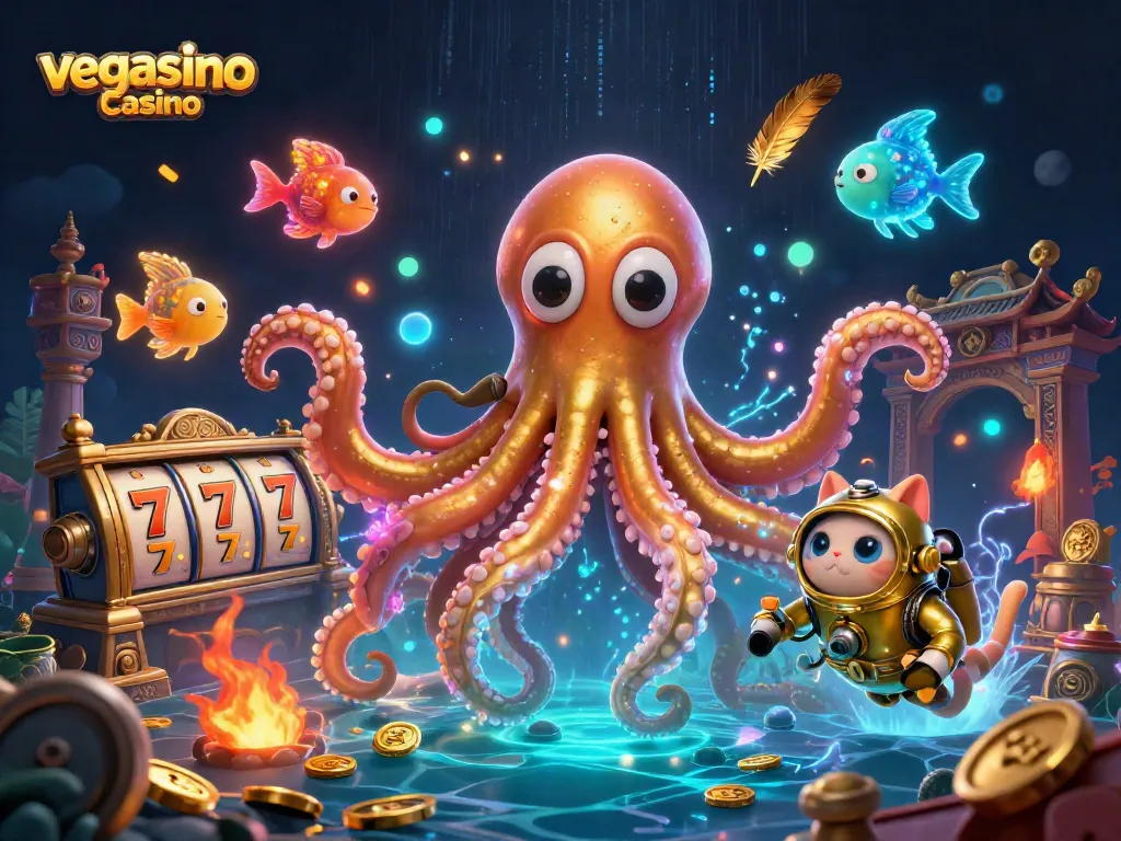 Play exciting games at vegasino casino with a vibrant 3D illustration featuring a kraken and treasure dynamic.