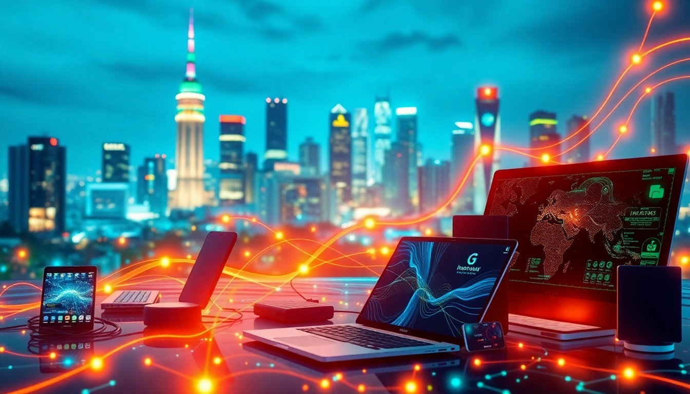 Veranschaulichung der Internet Trends mit modernen Geräten, die technologische Entwicklungen darstellen.