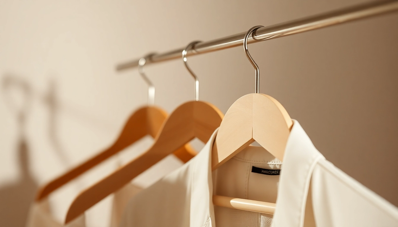 Kunststoff kleiderbügel, die stilvoll an einer Kleiderstange hängen, ideal für organisierte Garderoben.