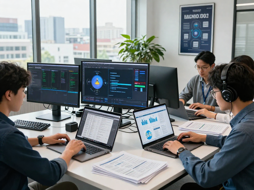 Document fraud detection analysis in a modern office with diverse analysts examining digital documents and tools.