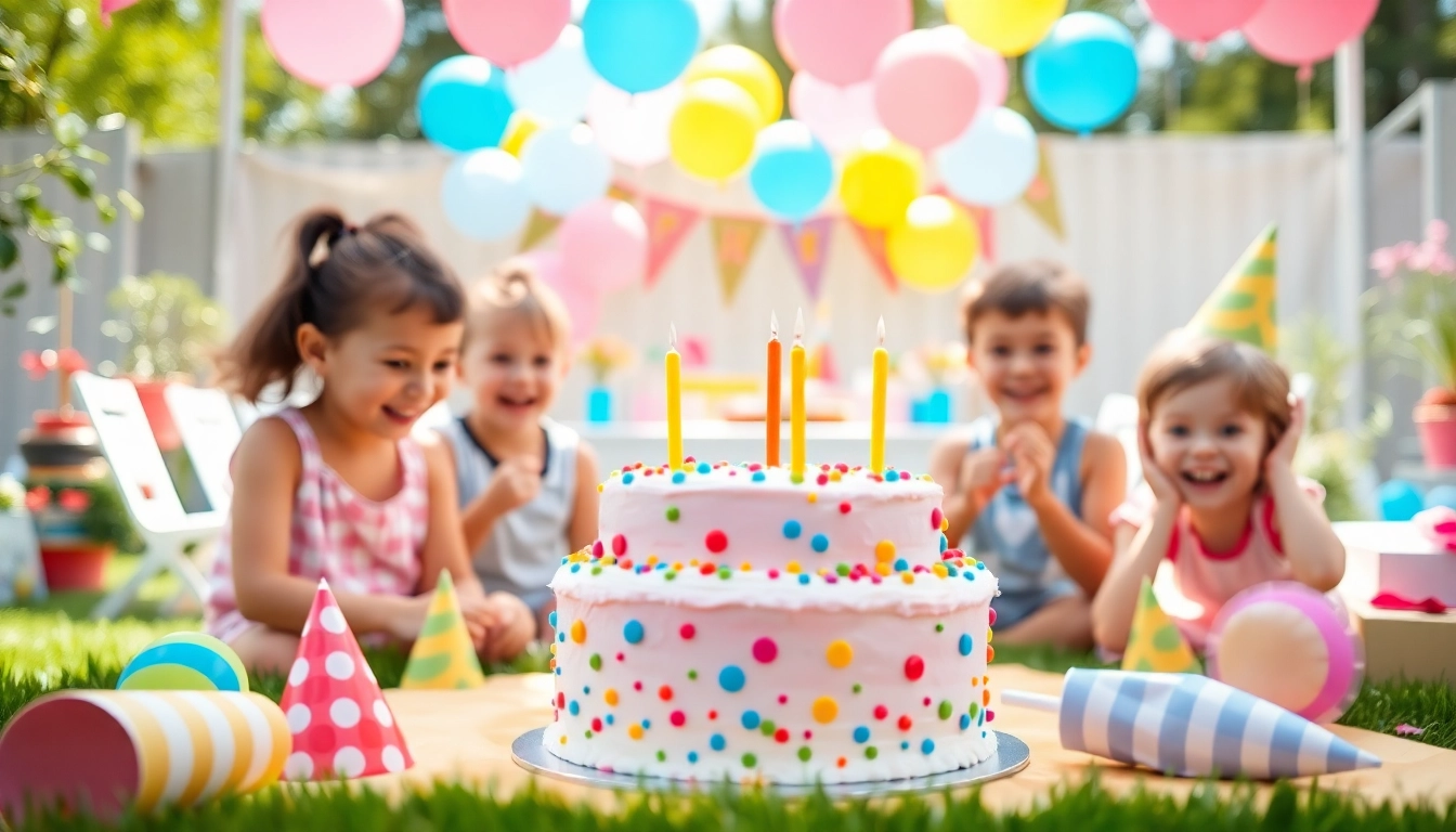 Kreative Spielideen für den Kindergeburtstag 4 Jahre mit fröhlichen Kindern und bunten Dekorationen.
