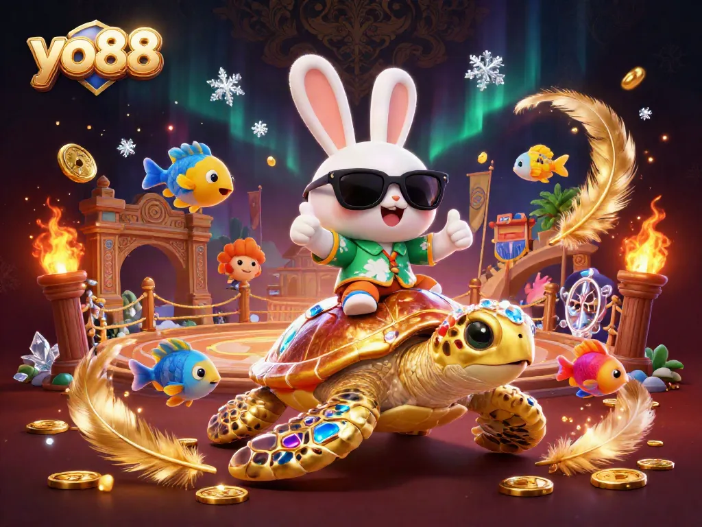 Spin and win with yo88 in this vibrant scene featuring a lucky rabbit and golden turtle.