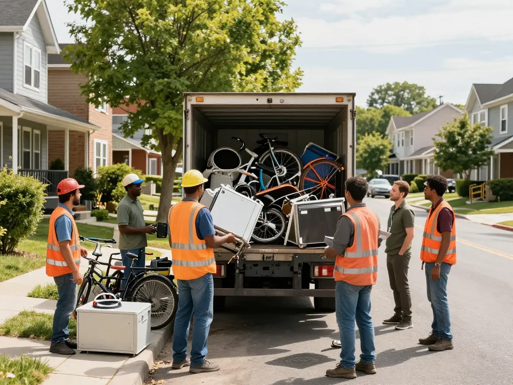 Schrotthändler-Team lädt Schrottmetall, fördert umweltfreundliches Recycling in städtischem Viertel.