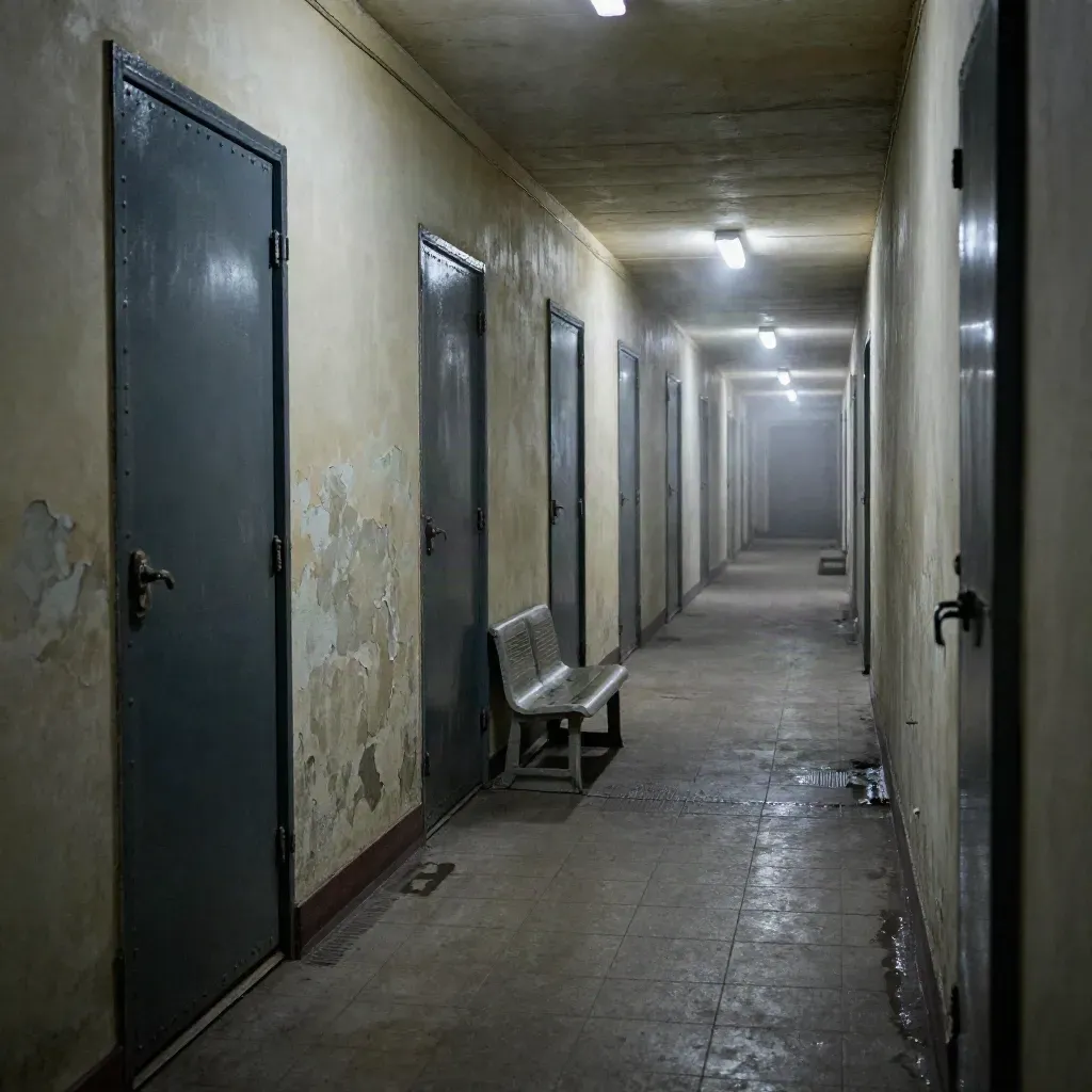 Leerer Gefängniskorridor mit Stahltüren, kaltem Licht und leichtem Kondensschleier