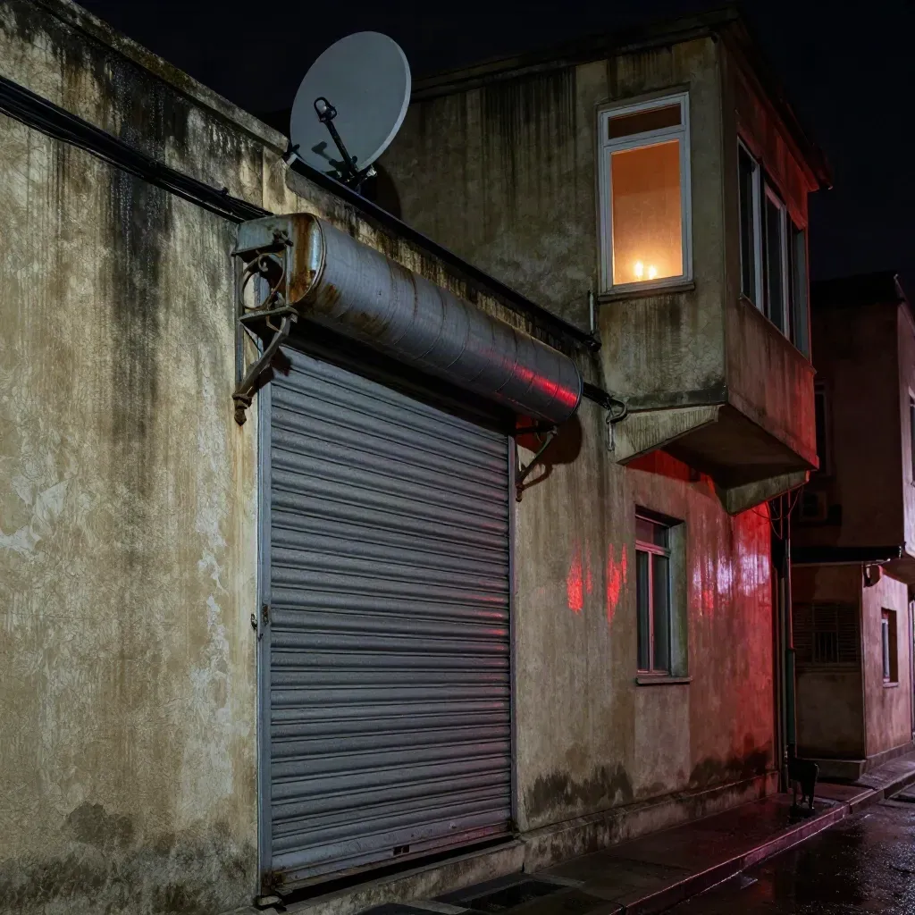 Dunkles Wohnhaus in Teheran mit Jalousie, Kerzenlicht und Satellitenschüssel bei Stromausfall.