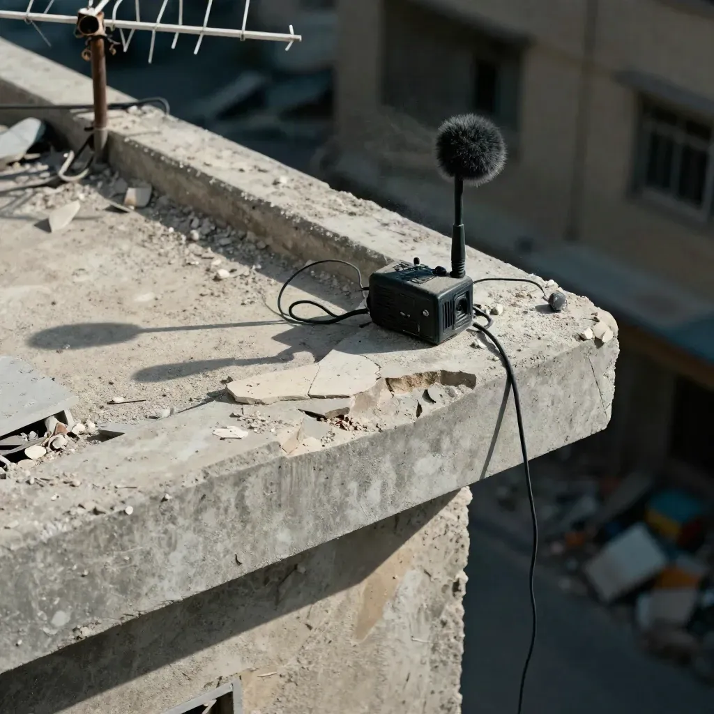 Zerstörter Balkonrand mit Antenne, Mikrofon und Staub im Mittagslicht