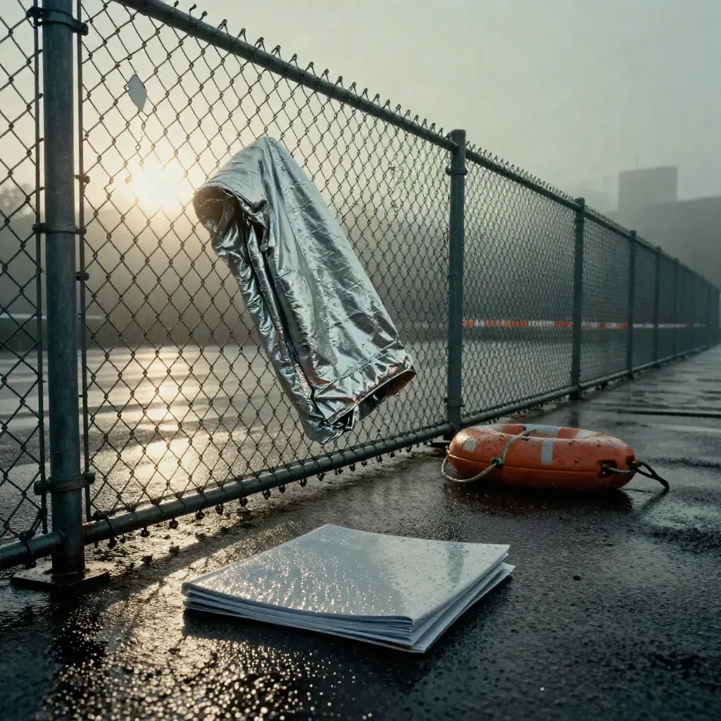Nasser Grenzzaun mit Rettungsdecke, Aktenmappe und Boje im ersten Licht.