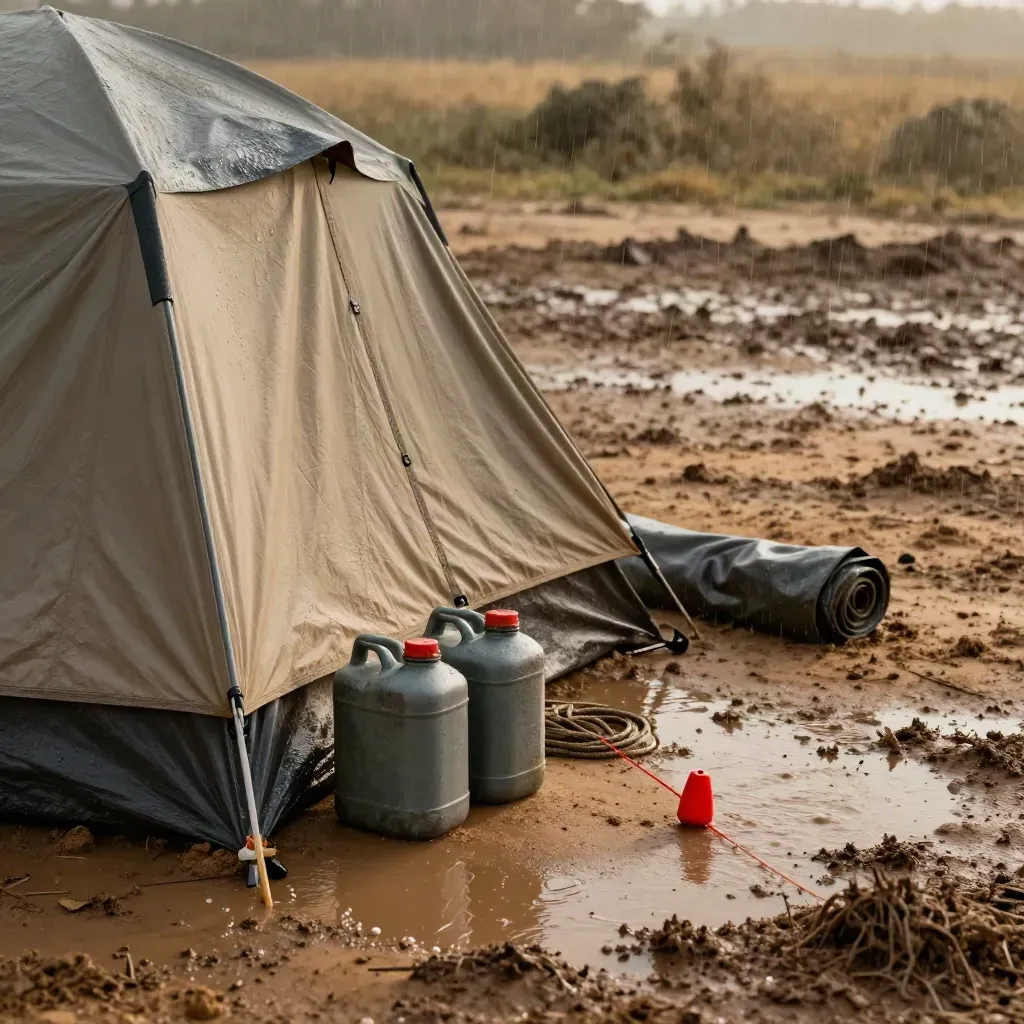 Provisorisches Schutzlager im Regen mit Zelt, Wasserkanistern und nasser Plane am schlammigen Feld.
