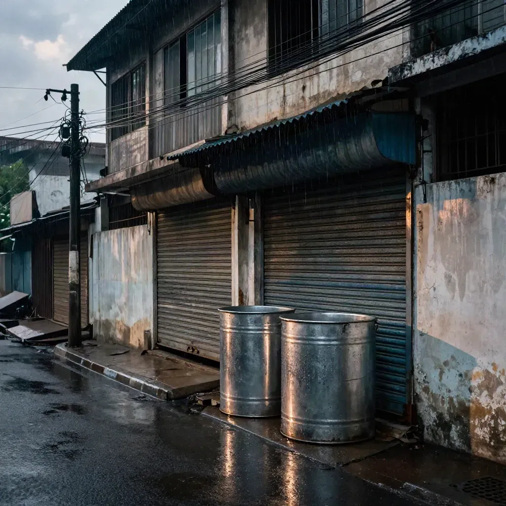 Leere Seitenstraße in Yangon mit geschlossenem Ladenrollo und zwei Metallcontainern im Regen.
