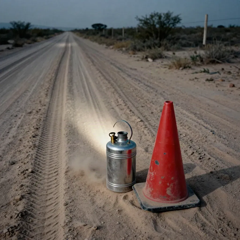 Staubiger Grenzweg in Mexiko mit Wasserkanne, Warnkegel und Lichtstreifen in der Dämmerung