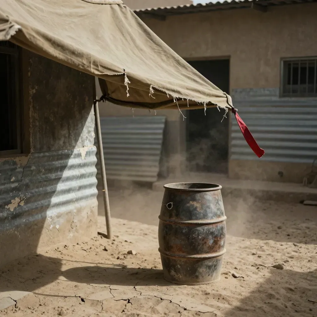 Plane, leeres Fass und Staub im heißen Hof einer Hilfseinrichtung im Sudan