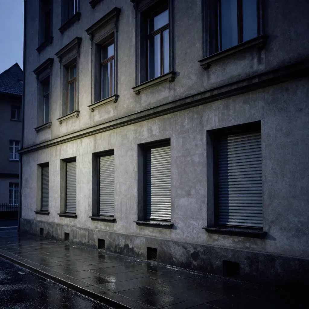 Nasse Hinterhof-Fassade einer türkischen Redaktion mit geschlossenen Rollläden und Pfützen.