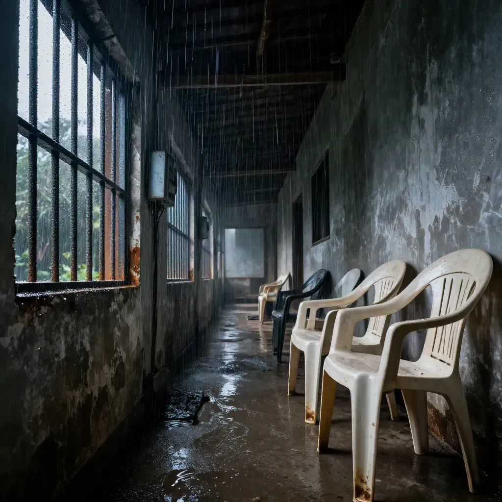 Dunkler Myanmar-Korridor mit vergittertem Fenster, Sicherungskasten und Plastikstühlen