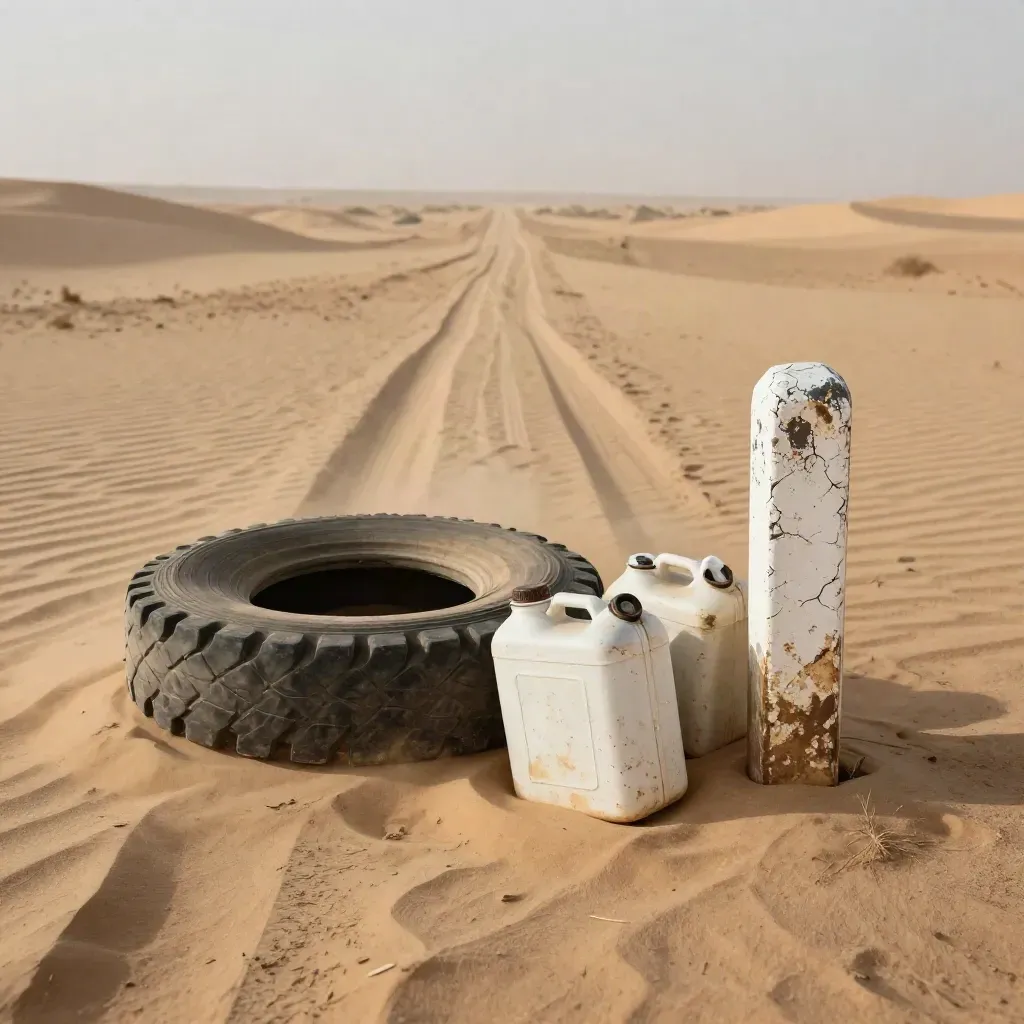 Verlassener Wüstenpfad in Niger mit Reifen, Kanistern und geborstenem Wegpfosten im Sand
